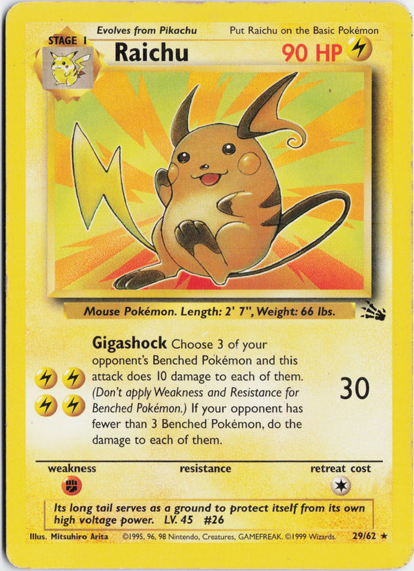 Carta Pokémon Raichu · Fossil #29/62 (HP) — pieza única en Moon's Collectibles México