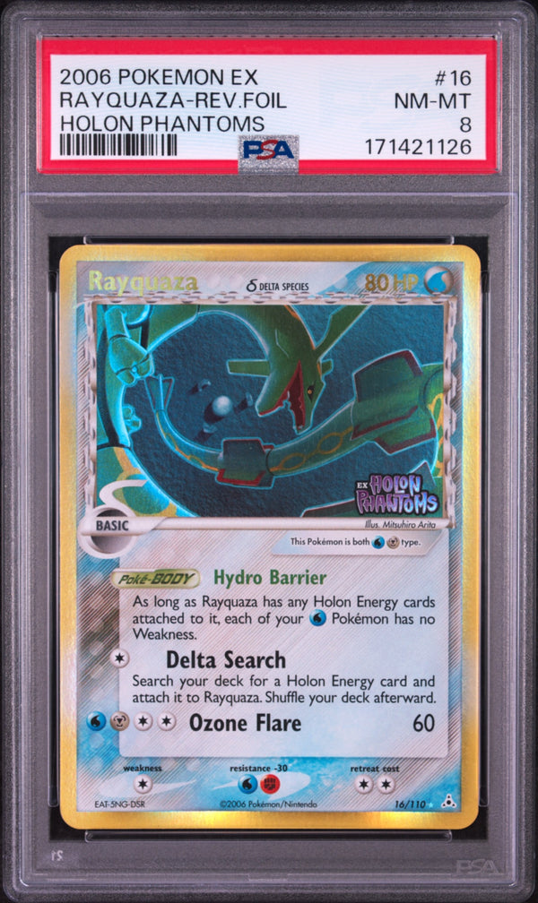 Carta Pokémon Rayquaza δ · Holon Phantoms #16/110 (PSA 8) — pieza única en Moon's Collectibles México