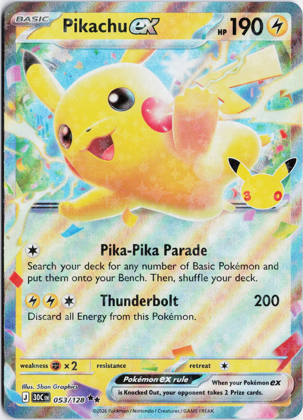 Carta Pokémon Pikachu ex · 30th Celebration #053/128 (NM) — pieza única en Moon's Collectibles México