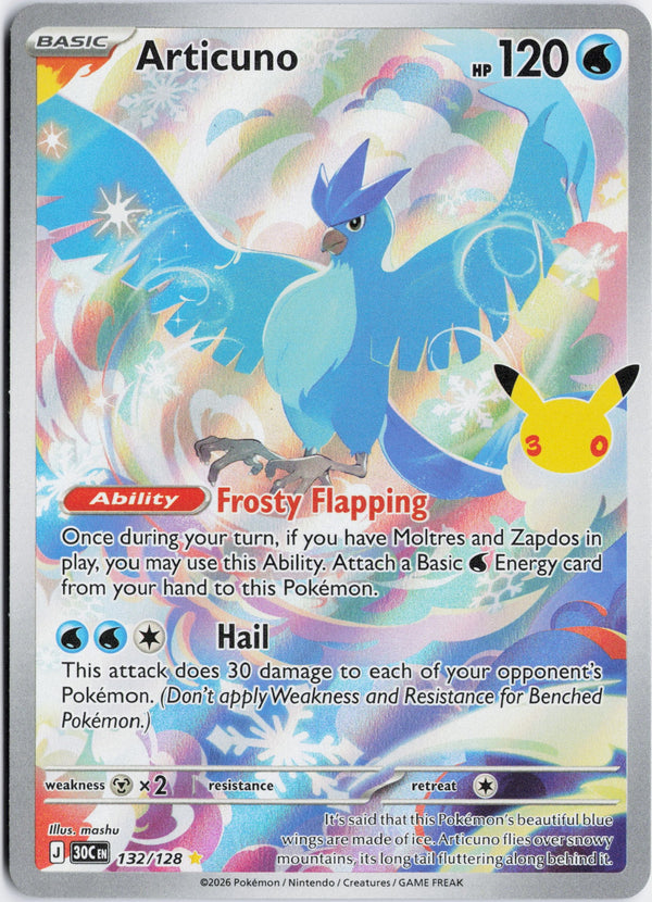 Carta Pokémon Articuno · 30th Celebration #132/128 (NM) — pieza única en Moon's Collectibles México