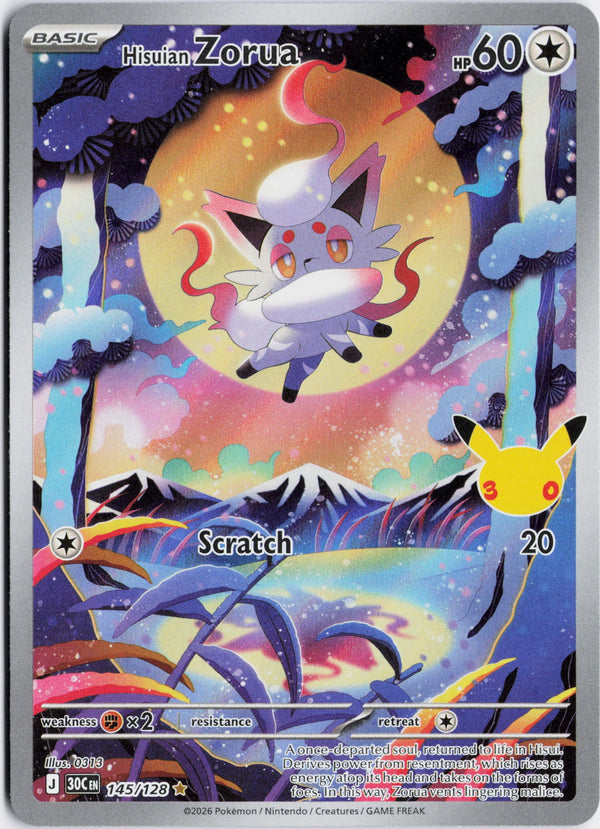Carta Pokémon Hisuian Zorua · 30th Celebration #145/128 (NM) — pieza única en Moon's Collectibles México