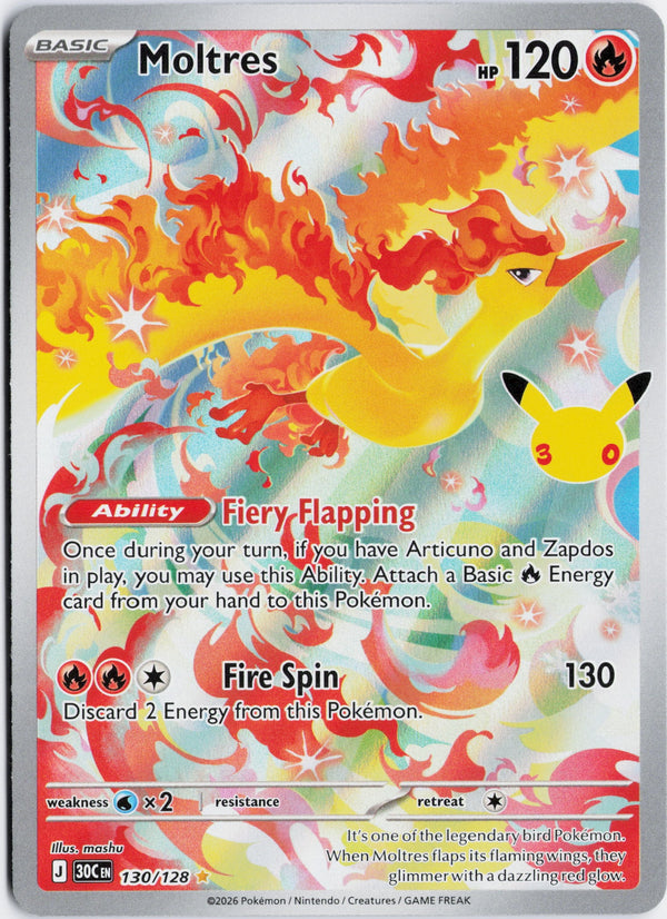 Carta Pokémon Moltres · 30th Celebration #130/128 (NM) — pieza única en Moon's Collectibles México