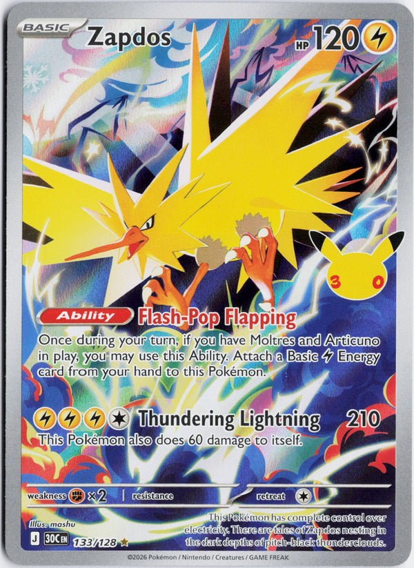 Carta Pokémon Zapdos · 30th Celebration #133/128 (NM) — pieza única en Moon's Collectibles México