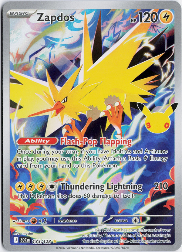 Carta Pokémon Zapdos · 30th Celebration #133/128 (NM) — pieza única en Moon's Collectibles México