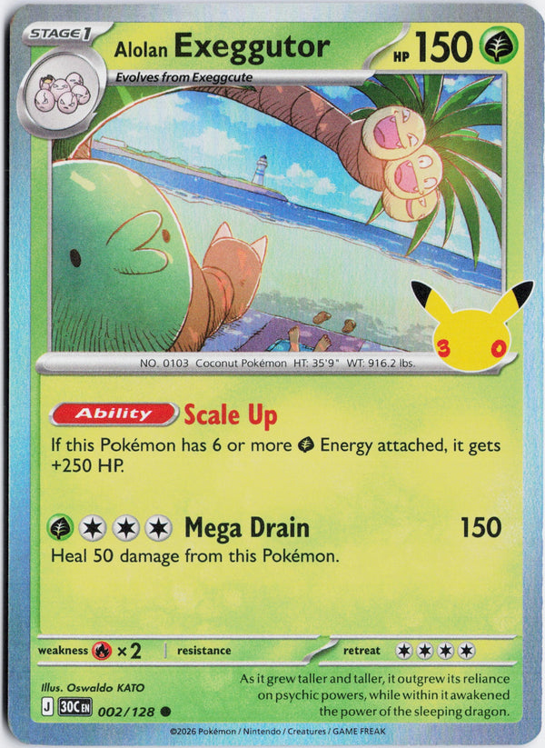 Carta Pokémon Alolan Exeggutor · 30th Celebration #002/128 (NM) — pieza única en Moon's Collectibles México