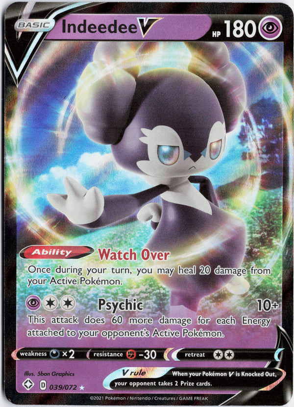 Carta Pokémon Indeedee V · Shining Fates #039/072 (NM) — pieza única en Moon's Collectibles México