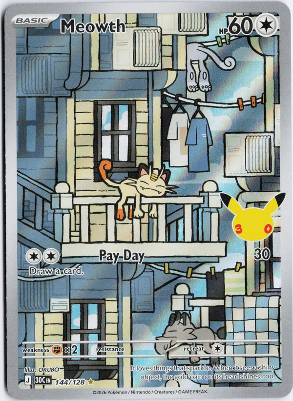 Carta Pokémon Meowth · 30th Celebration #144/128 (NM) — pieza única en Moon's Collectibles México