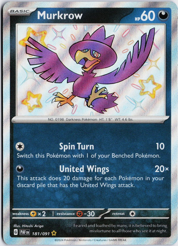 Carta Pokémon Murkrow · Paldean Fates #181/091 (NM) — pieza única en Moon's Collectibles México