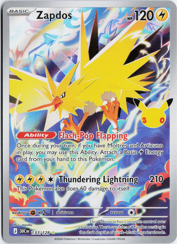 Carta Pokémon Zapdos · 30th Celebration #133/128 (NM) — pieza única en Moon's Collectibles México