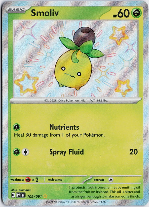 Carta Pokémon Smoliv · Paldean Fates #102/091 (NM) — pieza única en Moon's Collectibles México