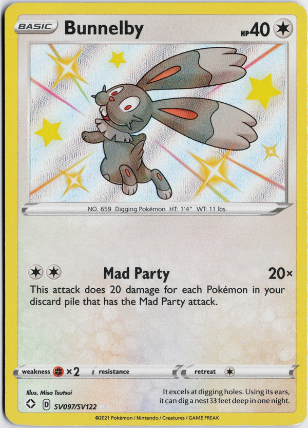 Carta Pokémon Bunnelby · Shining Fates Shiny Vault #SV097/SV122 (NM) — pieza única en Moon's Collectibles México
