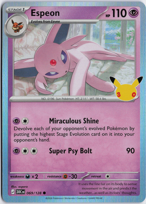 Carta Pokémon Espeon · 30th Celebration #069/128 (NM) — pieza única en Moon's Collectibles México
