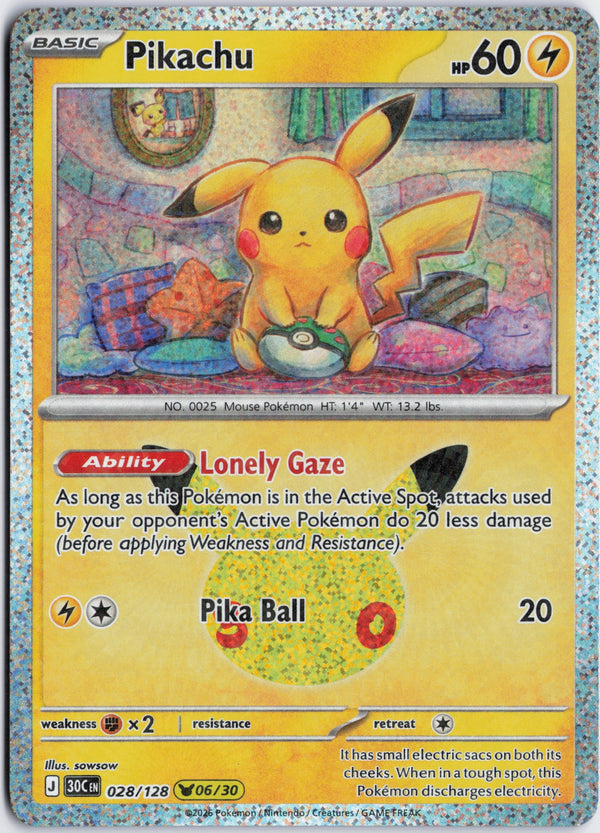 Carta Pokémon Pikachu · 30th Celebration #028/128 (NM) — pieza única en Moon's Collectibles México