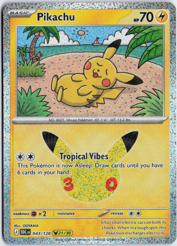 Carta Pokémon Pikachu · 30th Celebration #043/128 (NM) — pieza única en Moon's Collectibles México