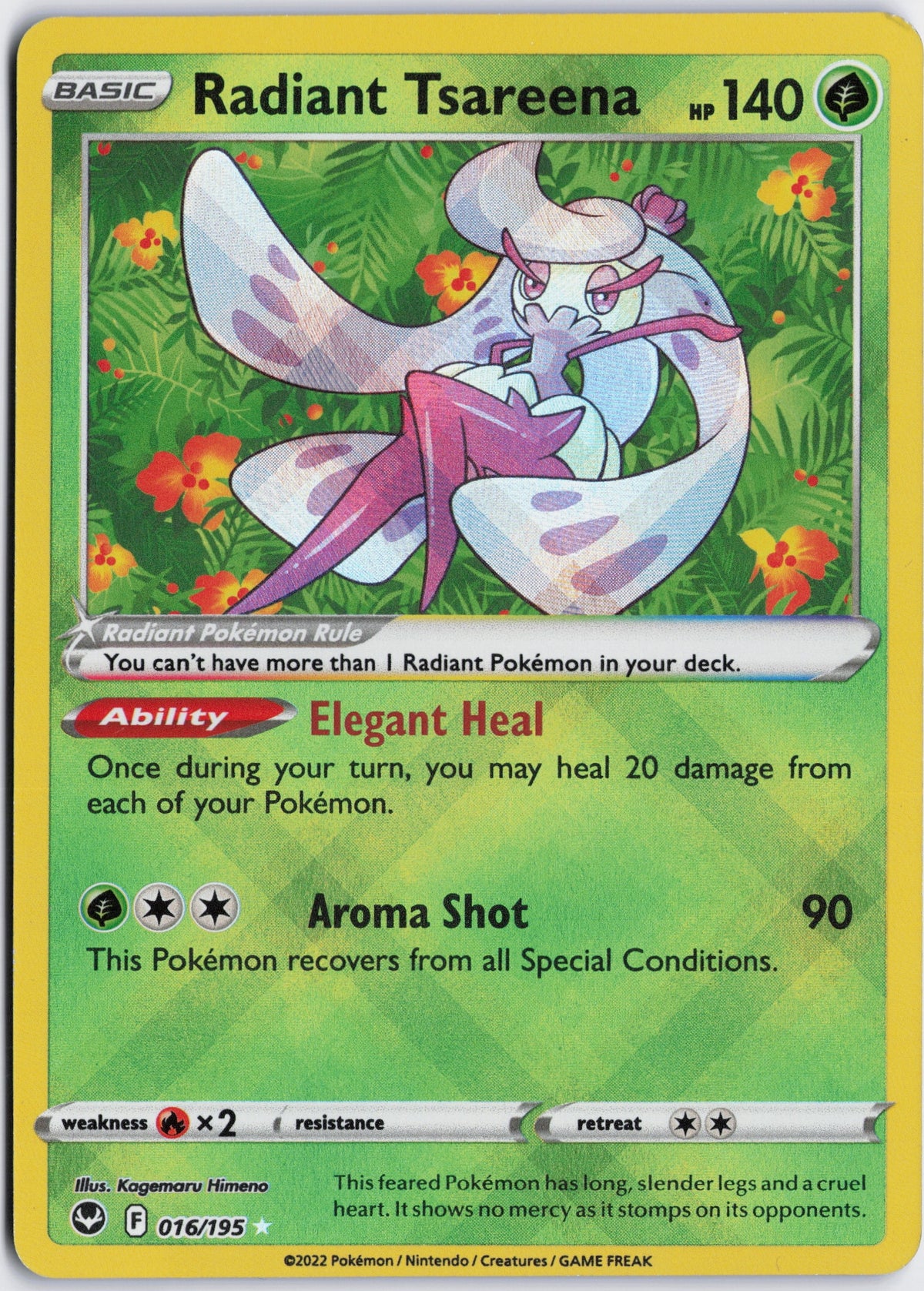 Escaneo HD del frente de Radiant Tsareena · Silver Tempest #016/195 en condición NM